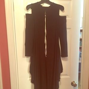 Black with white trim cold shoulder jumpsuit.